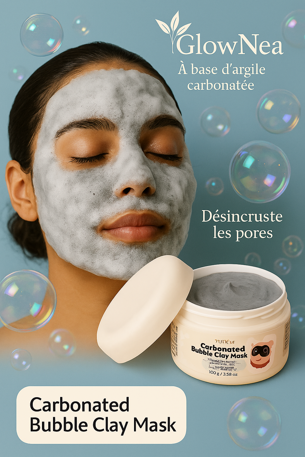 carbone masque a bulle, désincruste les pores - argile - Glownea